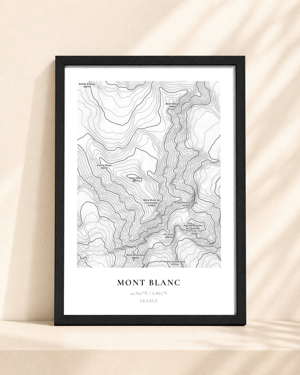 Mont Blanc 2D Contour Print – framed contour map print, black frame