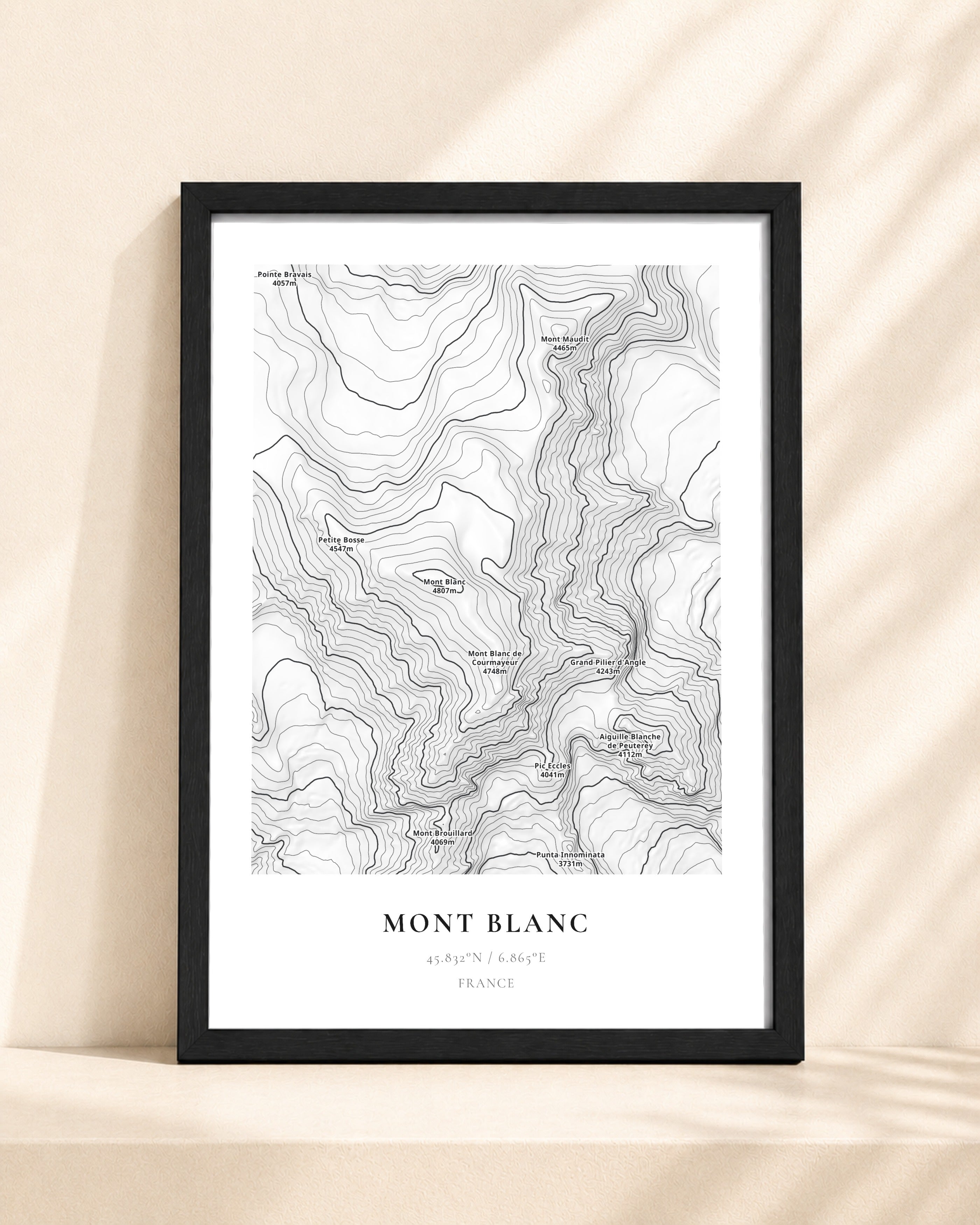 Mont Blanc 2D Contour Print – framed contour map print, black frame