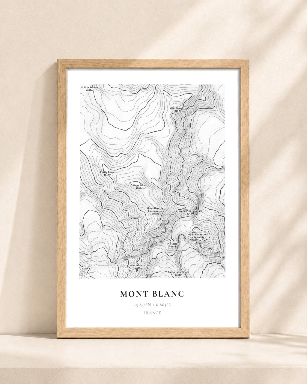 Mont Blanc 2D Contour Print – framed contour map print, natural wood frame