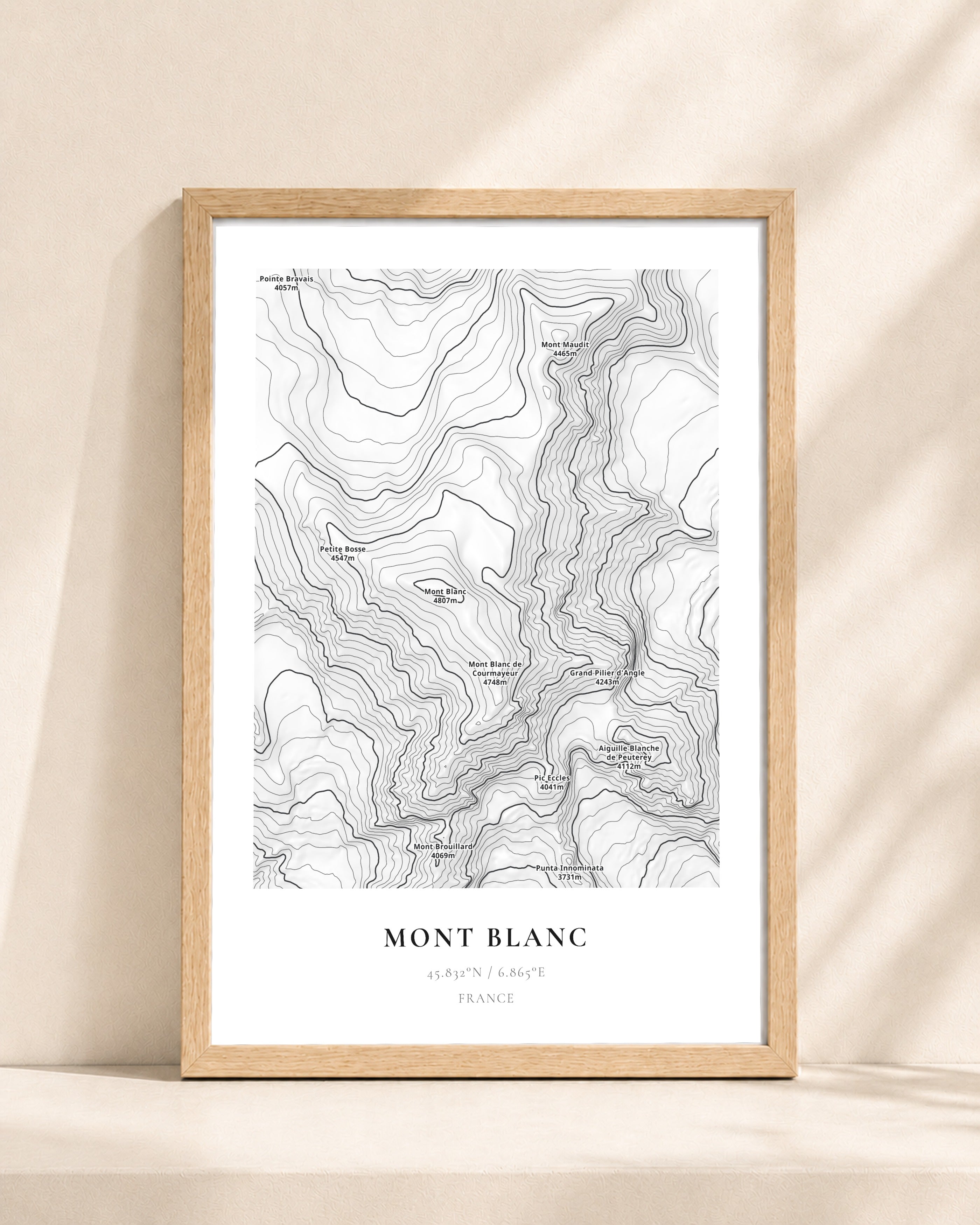 Mont Blanc 2D Contour Print – framed contour map print, natural wood frame