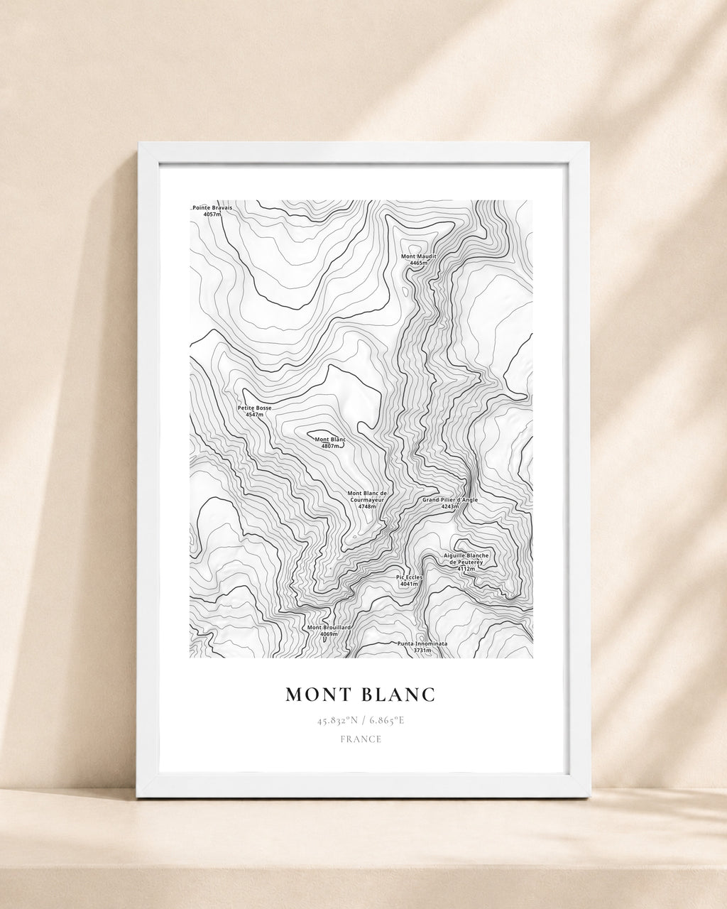 Mont Blanc 2D Contour Print – framed contour map print, white frame