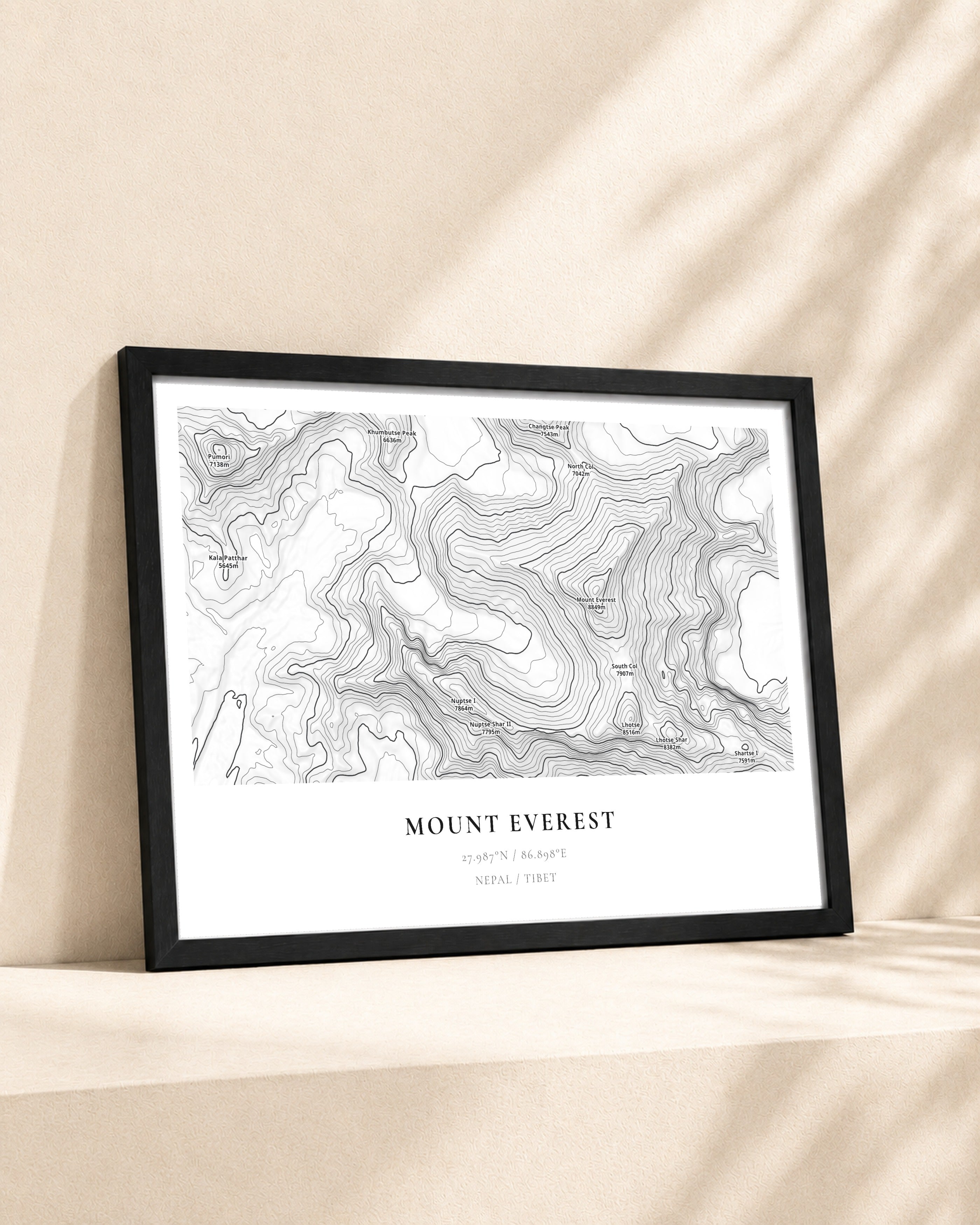 Mount Everest 2D Contour Print – framed contour map print, lifestyle scene