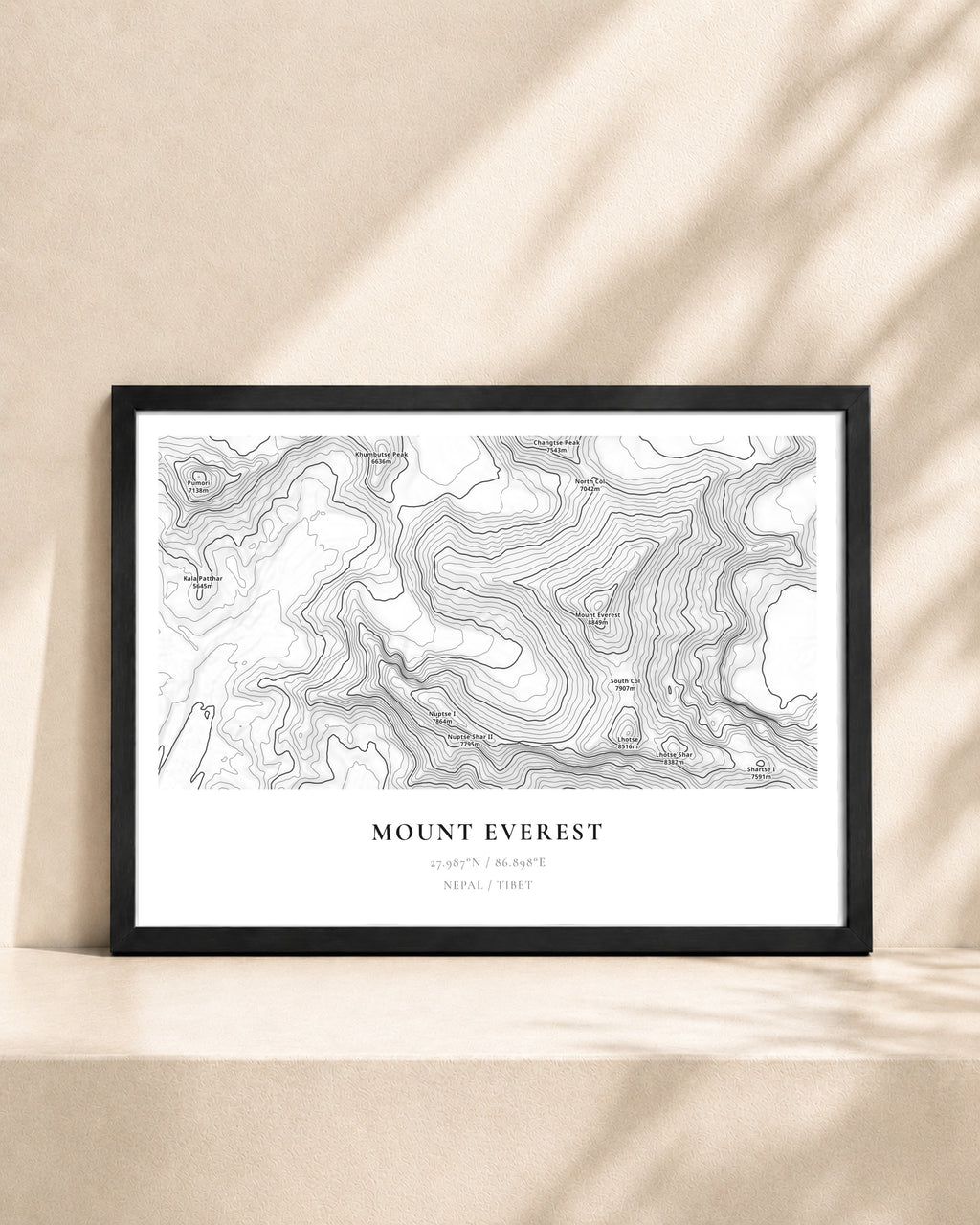 Mount Everest 2D Contour Print – framed contour map print, black frame