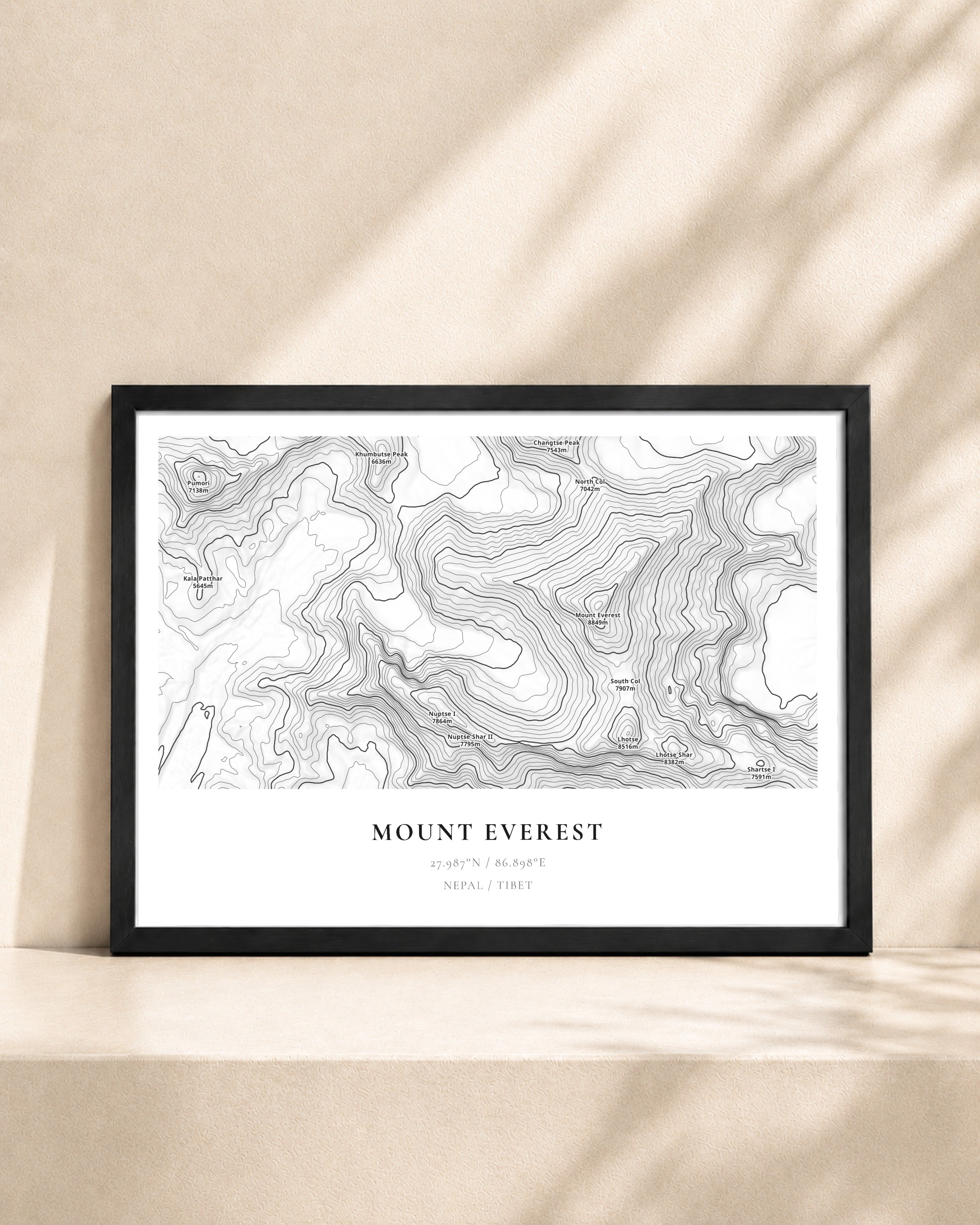 Mount Everest 2D Contour Print – framed contour map print, black frame