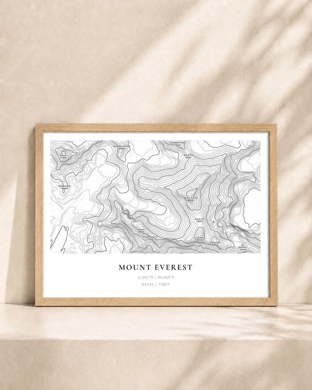 Mount Everest 2D Contour Print – framed contour map print, natural wood frame