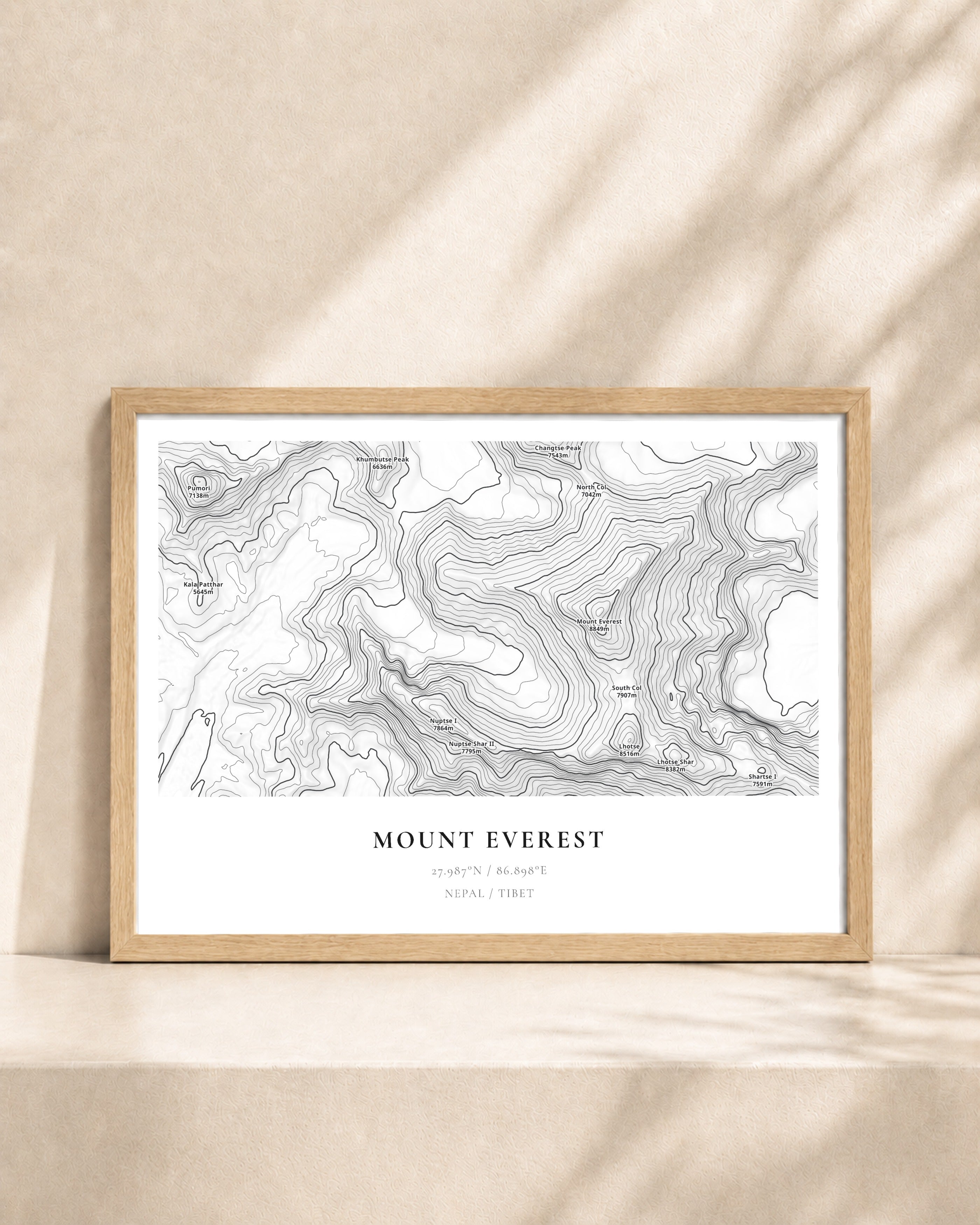 Mount Everest 2D Contour Print – framed contour map print, natural wood frame