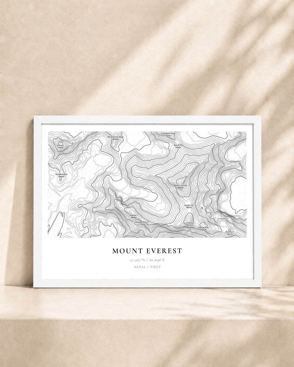 Mount Everest 2D Contour Print – framed contour map print, white frame