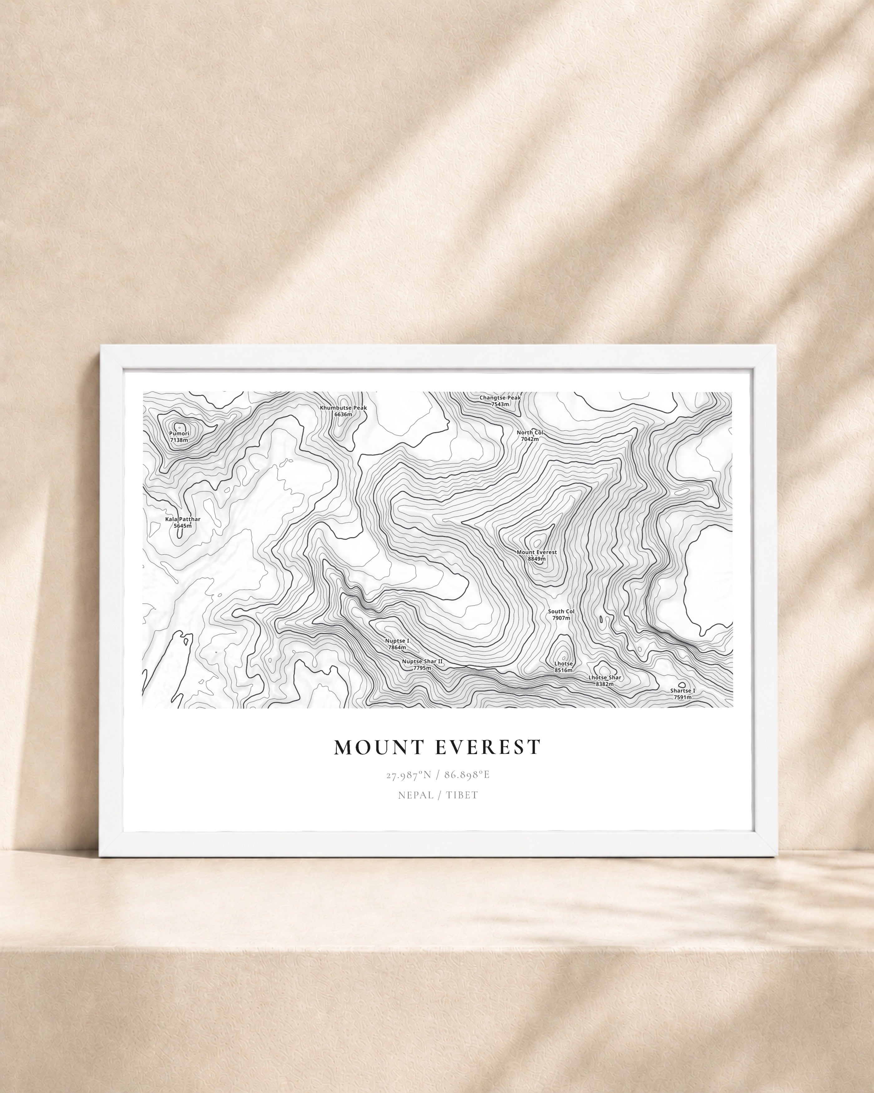 Mount Everest 2D Contour Print – framed contour map print, white frame