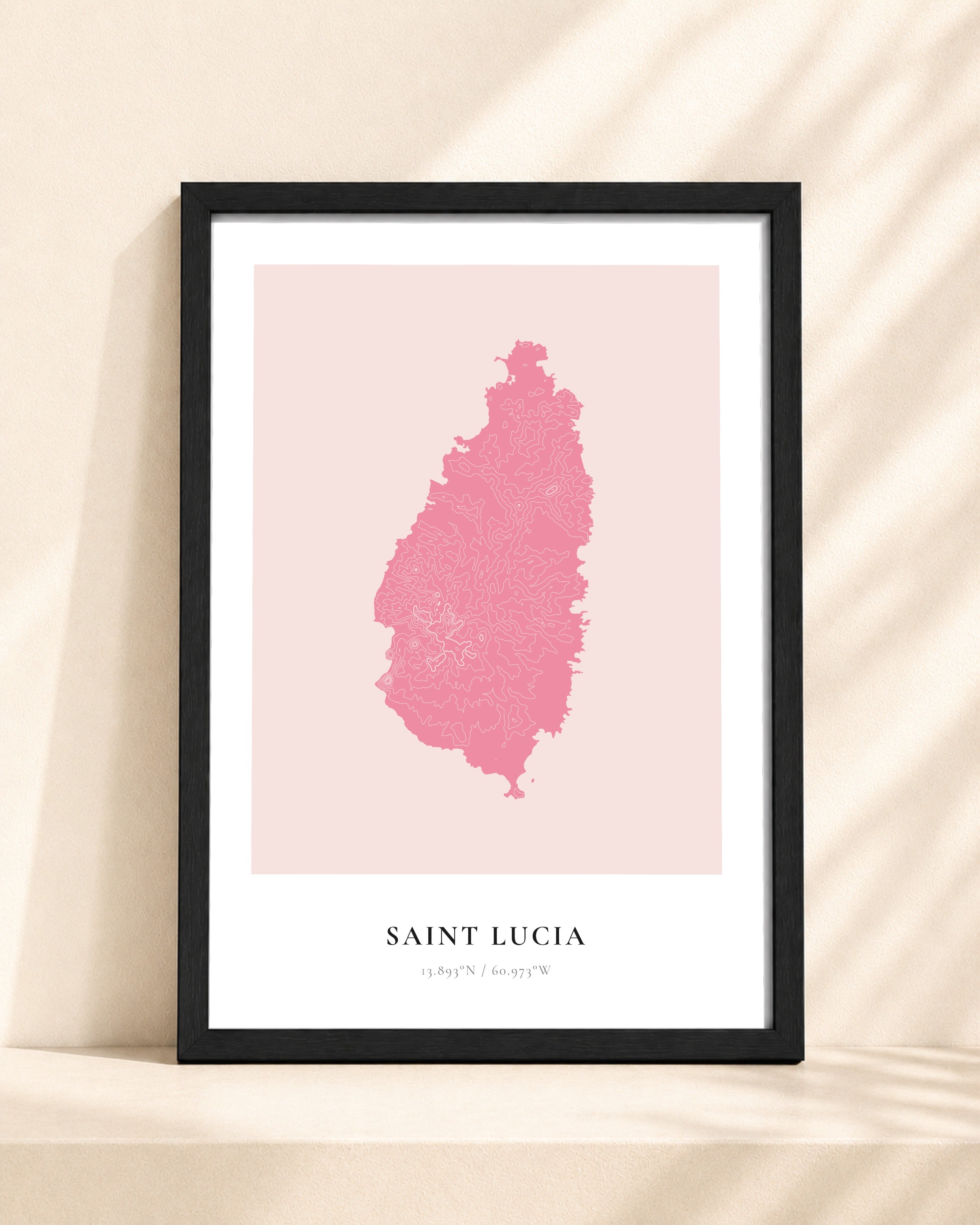 Saint Lucia 2D Contour Print – framed contour map print, black frame