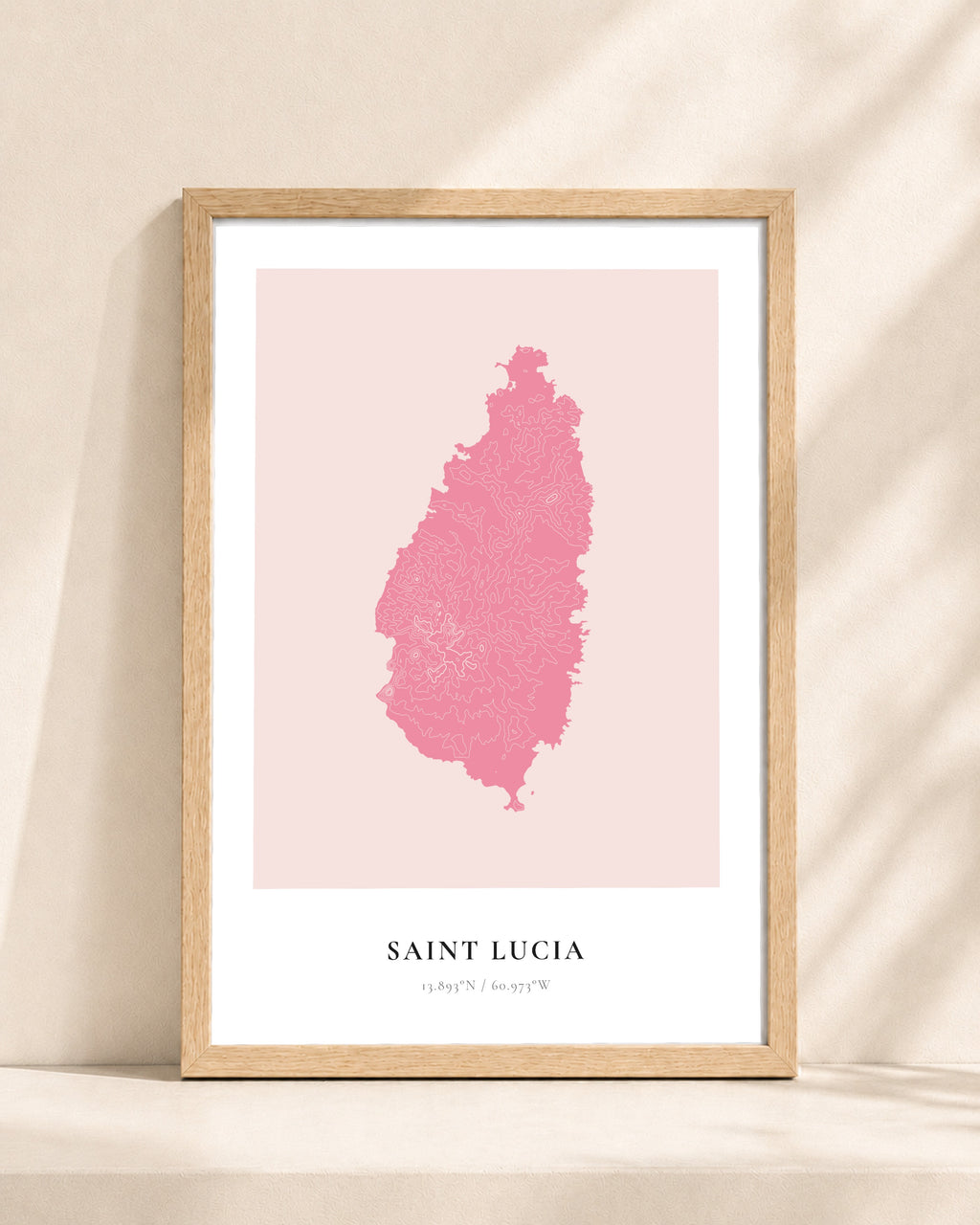 Saint Lucia 2D Contour Print – framed contour map print, natural wood frame