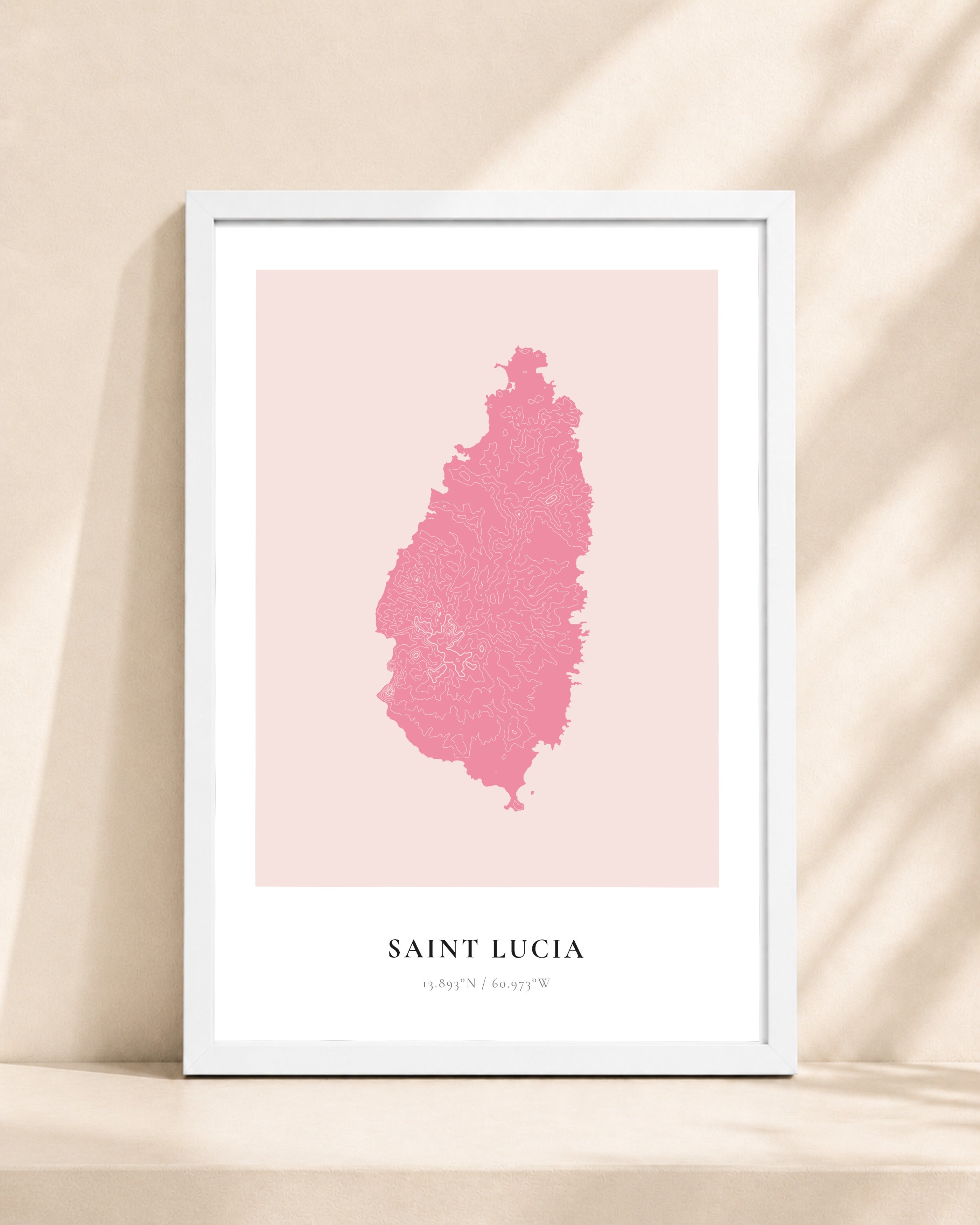 Saint Lucia 2D Contour Print – framed contour map print, white frame