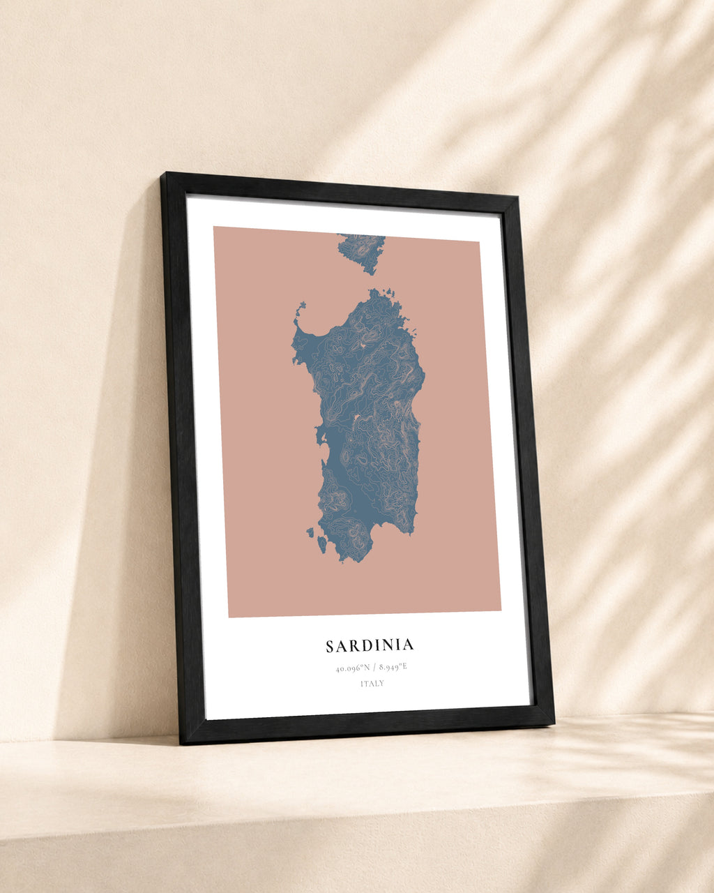 Sardinia 2D Contour Print – framed contour map print, lifestyle scene