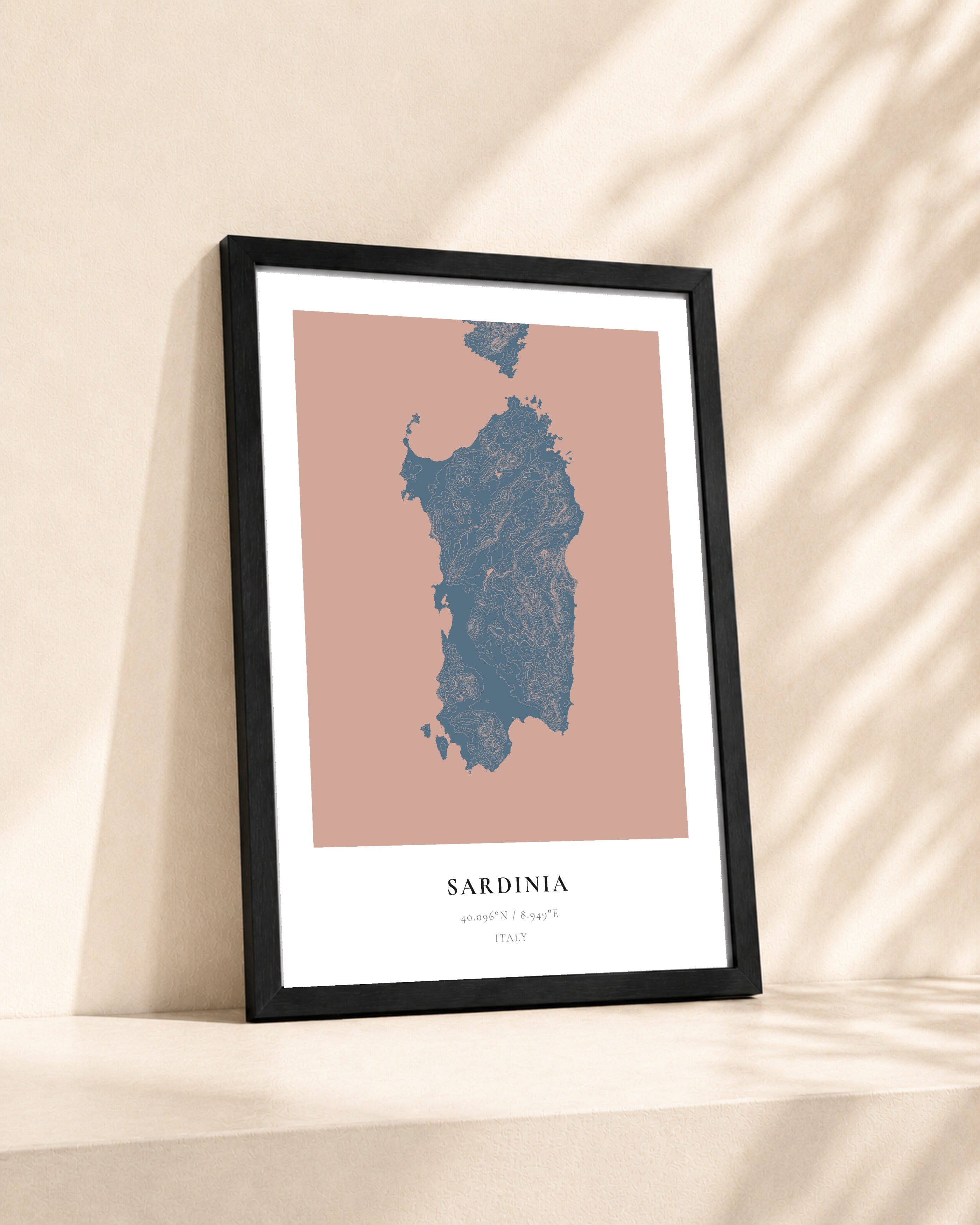 Sardinia 2D Contour Print – framed contour map print, lifestyle scene
