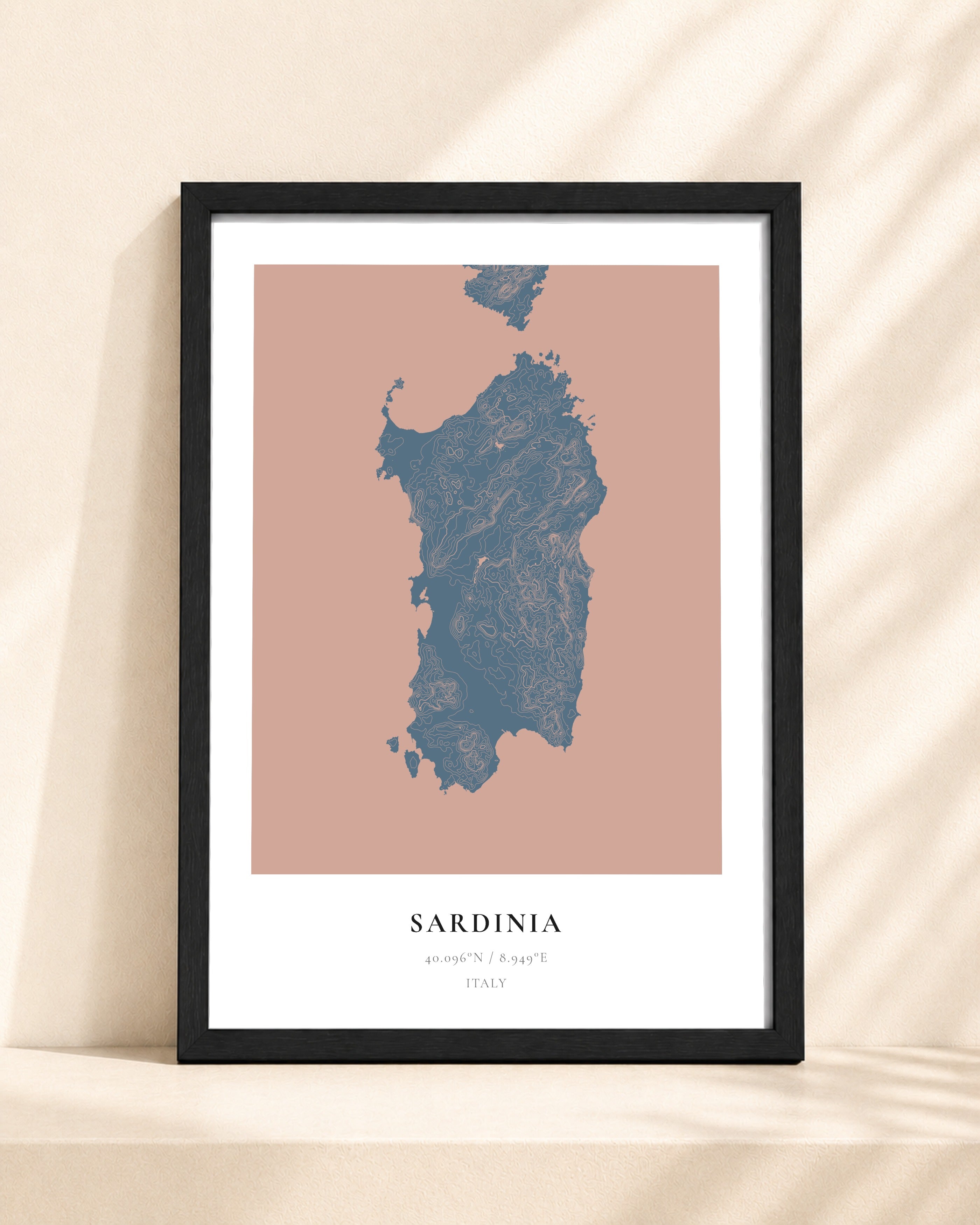 Sardinia 2D Contour Print – framed contour map print, black frame