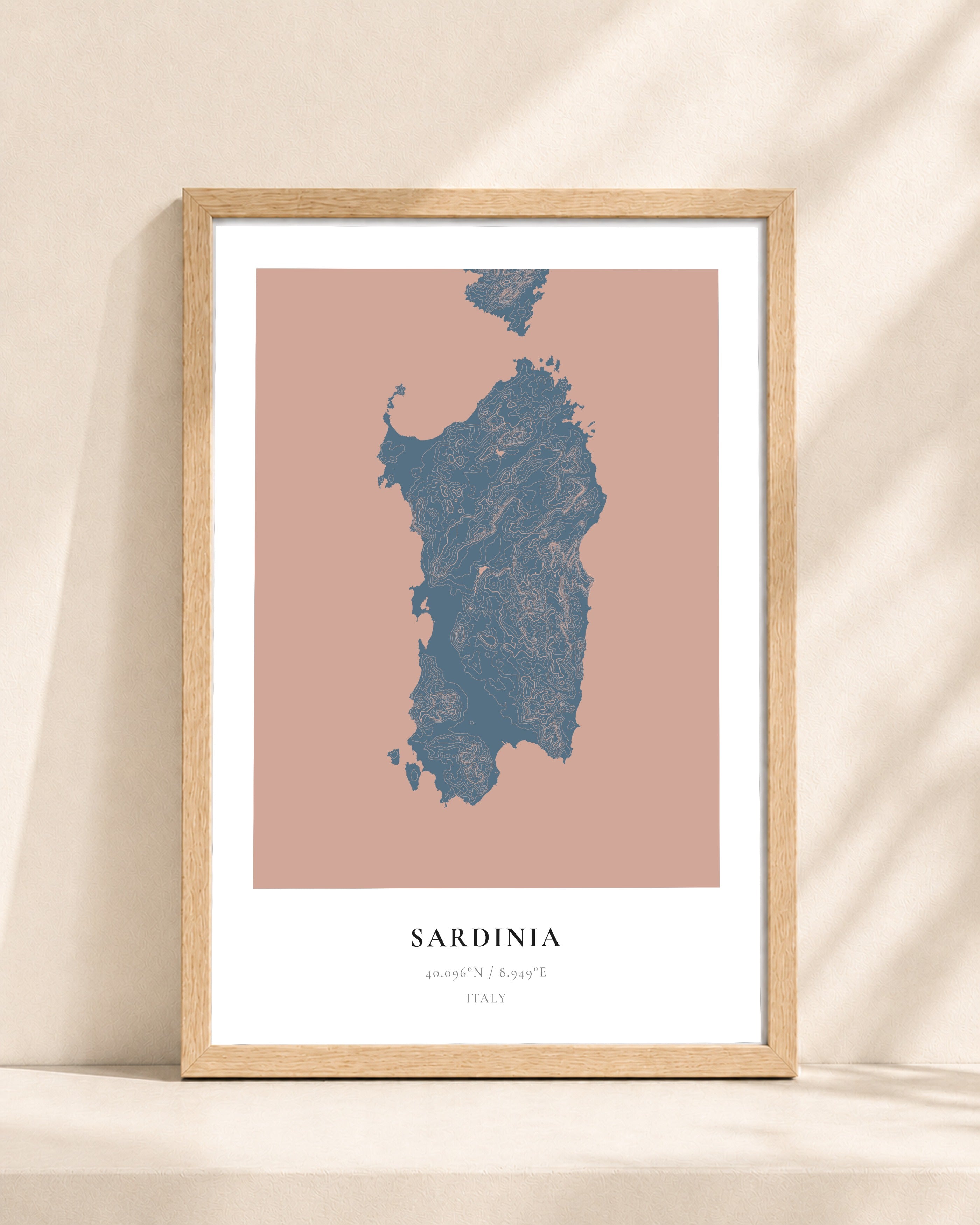 Sardinia 2D Contour Print – framed contour map print, natural wood frame