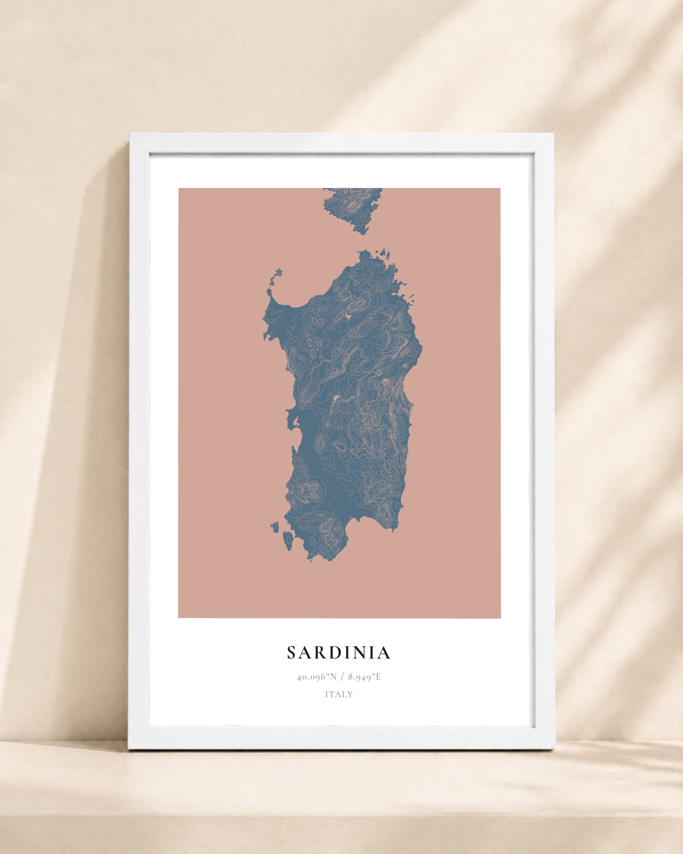 Sardinia 2D Contour Print – framed contour map print, white frame