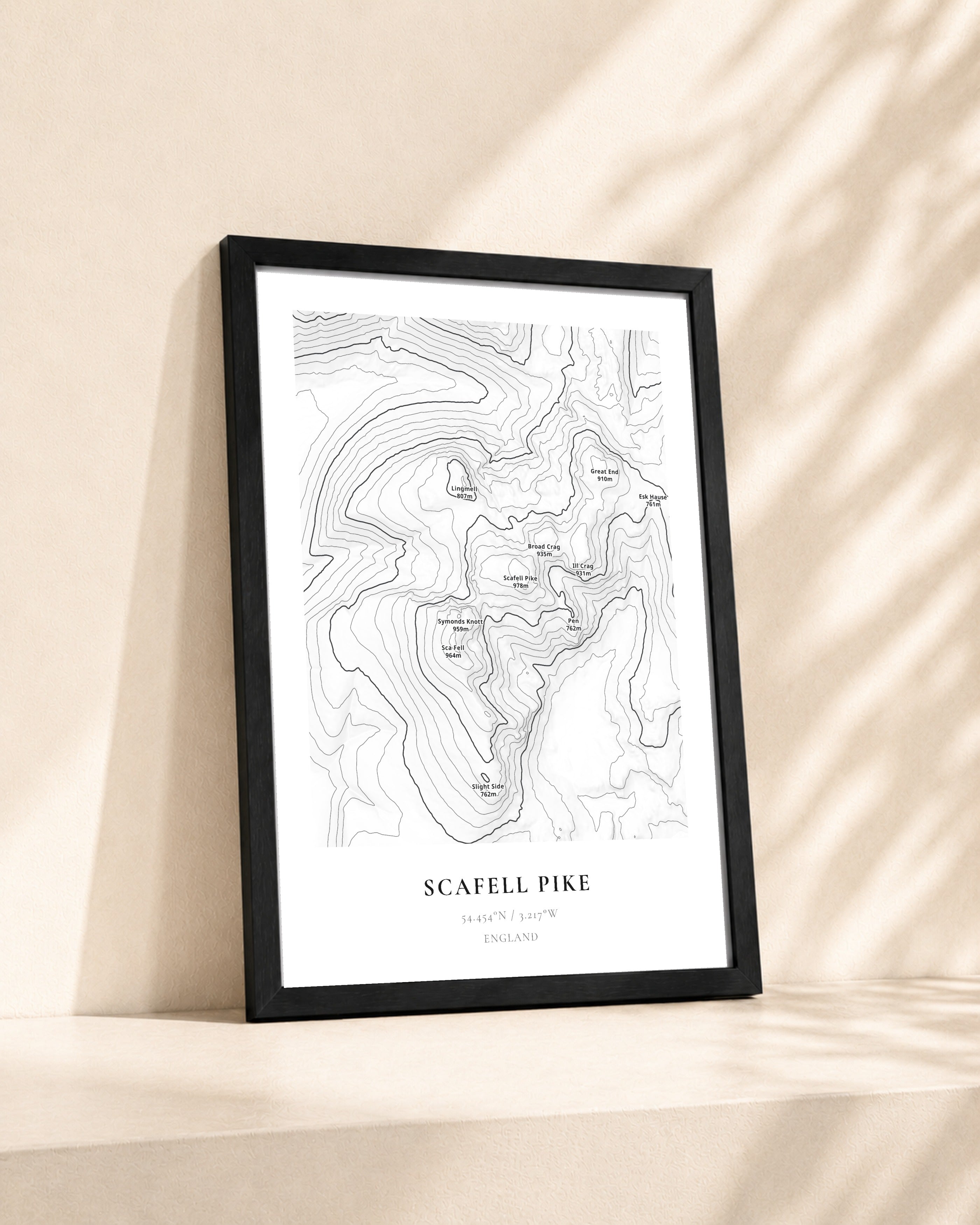 Scafell Pike 2D Contour Print – framed contour map print, lifestyle scene