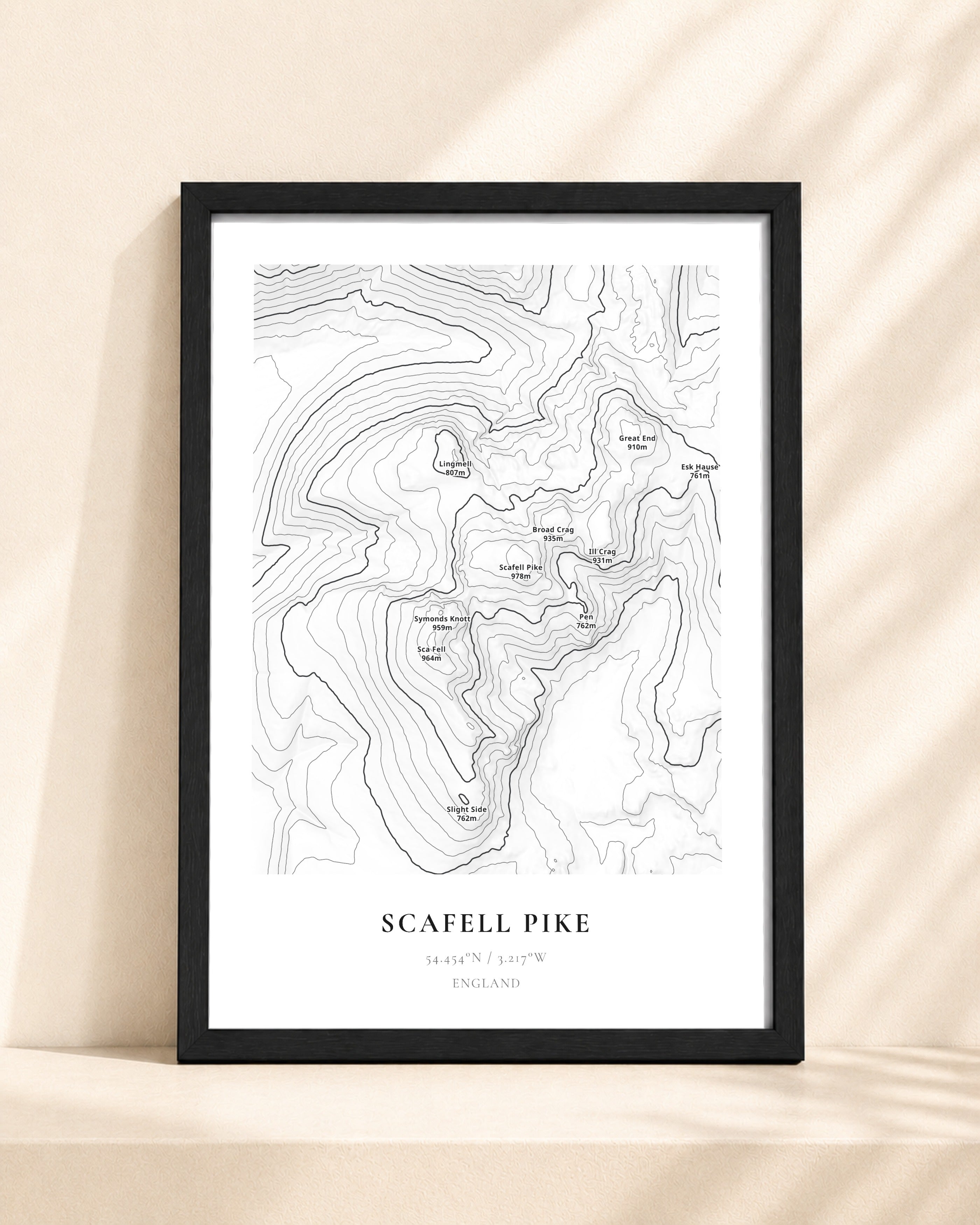 Scafell Pike 2D Contour Print – framed contour map print, black frame