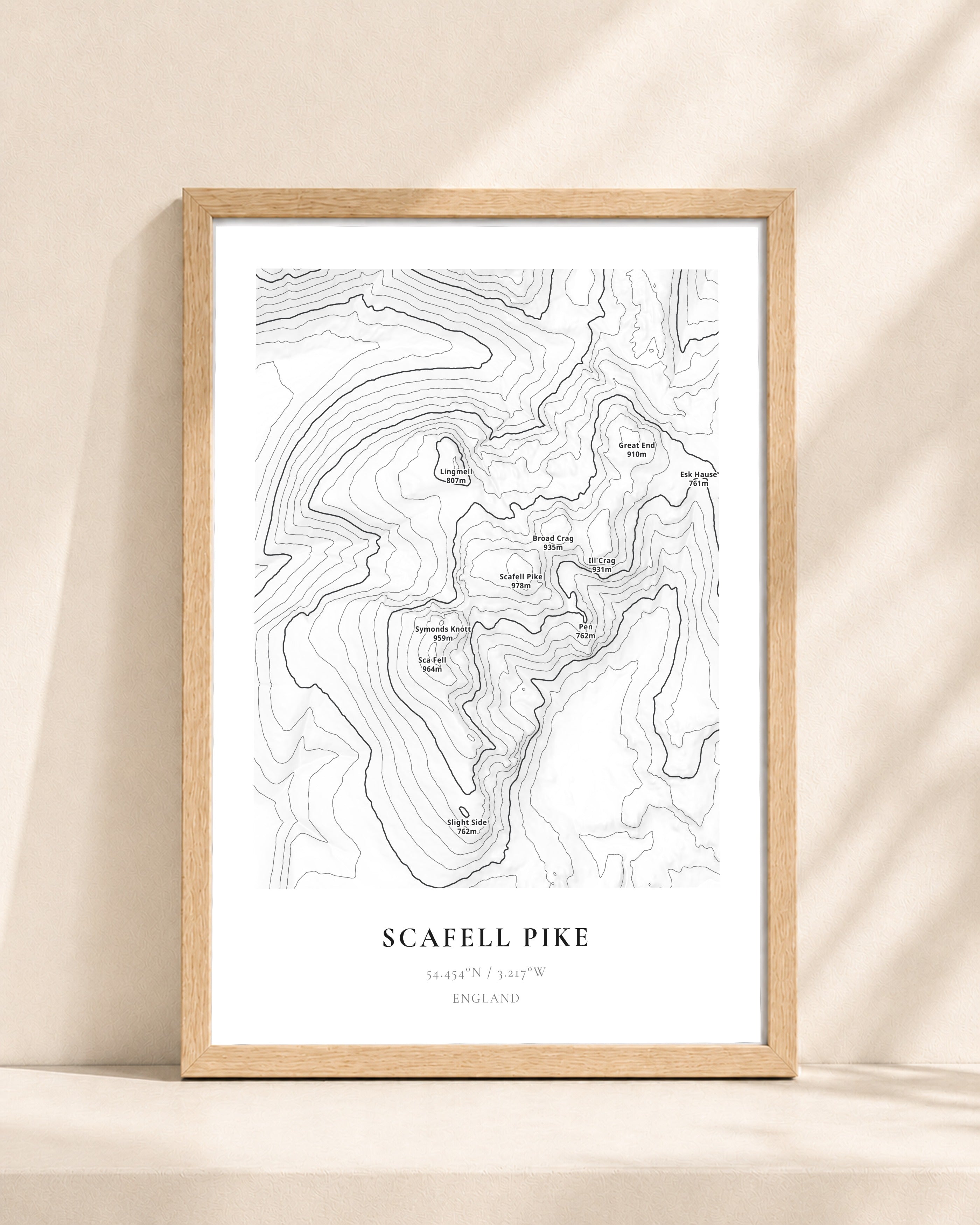 Scafell Pike 2D Contour Print – framed contour map print, natural wood frame