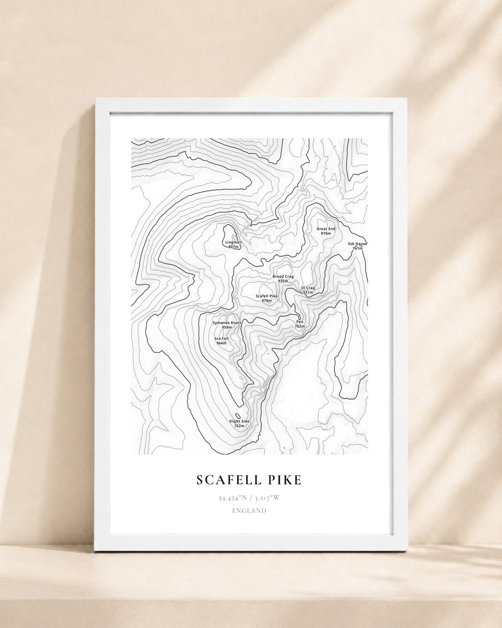 Scafell Pike 2D Contour Print – framed contour map print, white frame