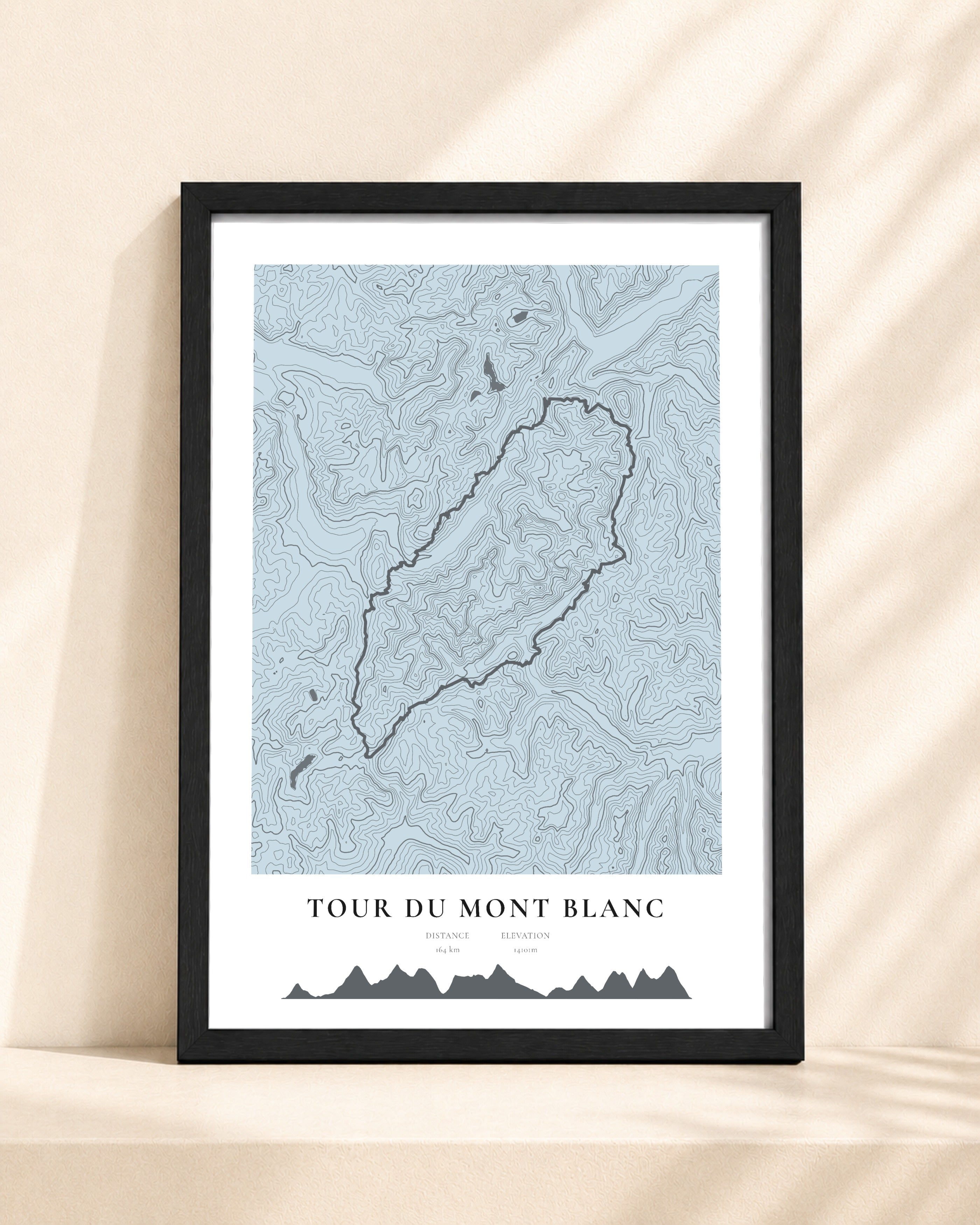 Tour du Mont Blanc 2D Contour Print – framed contour map print, black frame