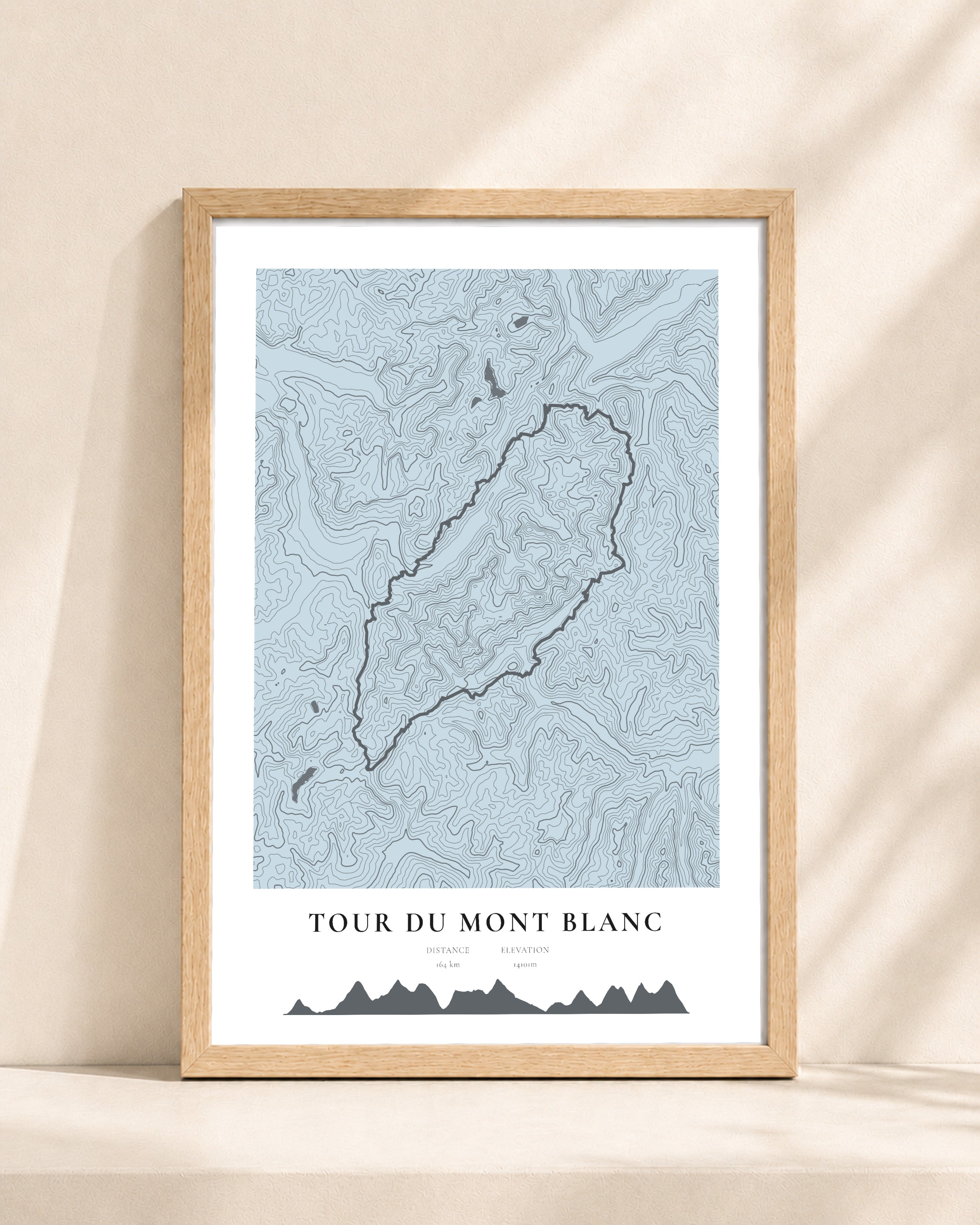 Tour du Mont Blanc 2D Contour Print – framed contour map print, natural wood frame