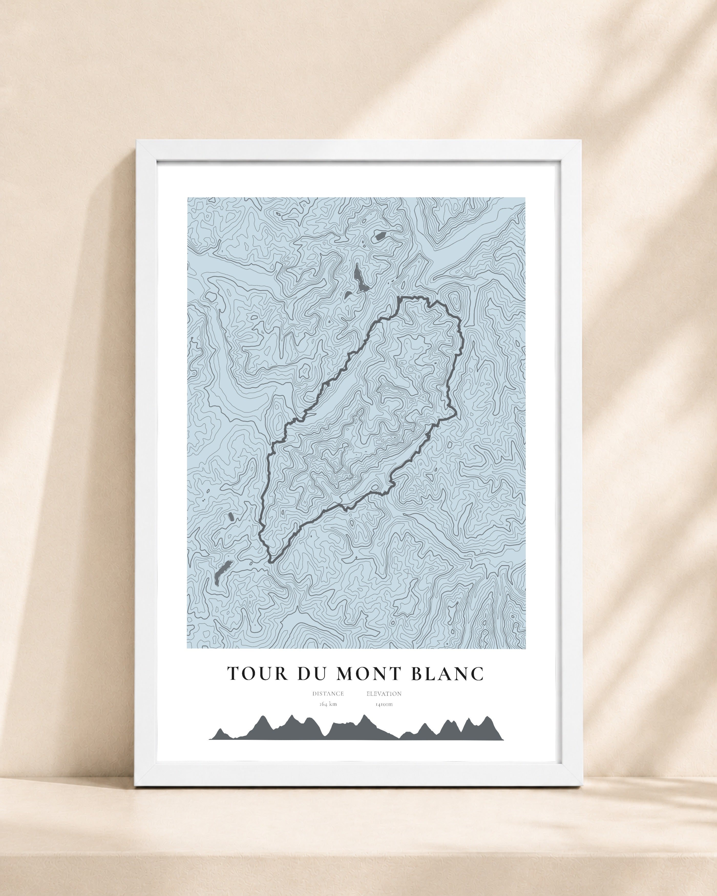 Tour du Mont Blanc 2D Contour Print – framed contour map print, white frame