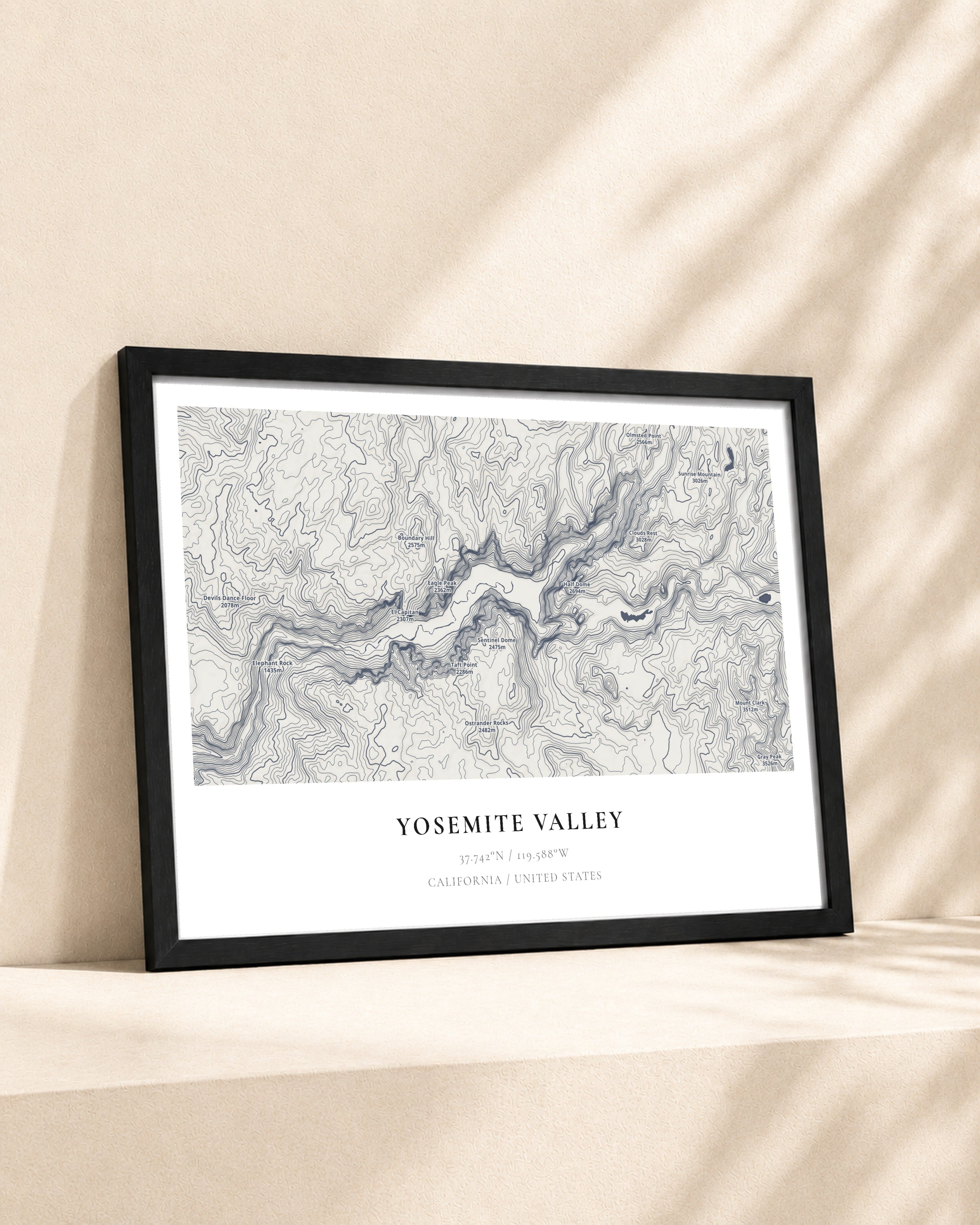 Yosemite 2D Contour Print – framed contour map print, lifestyle scene