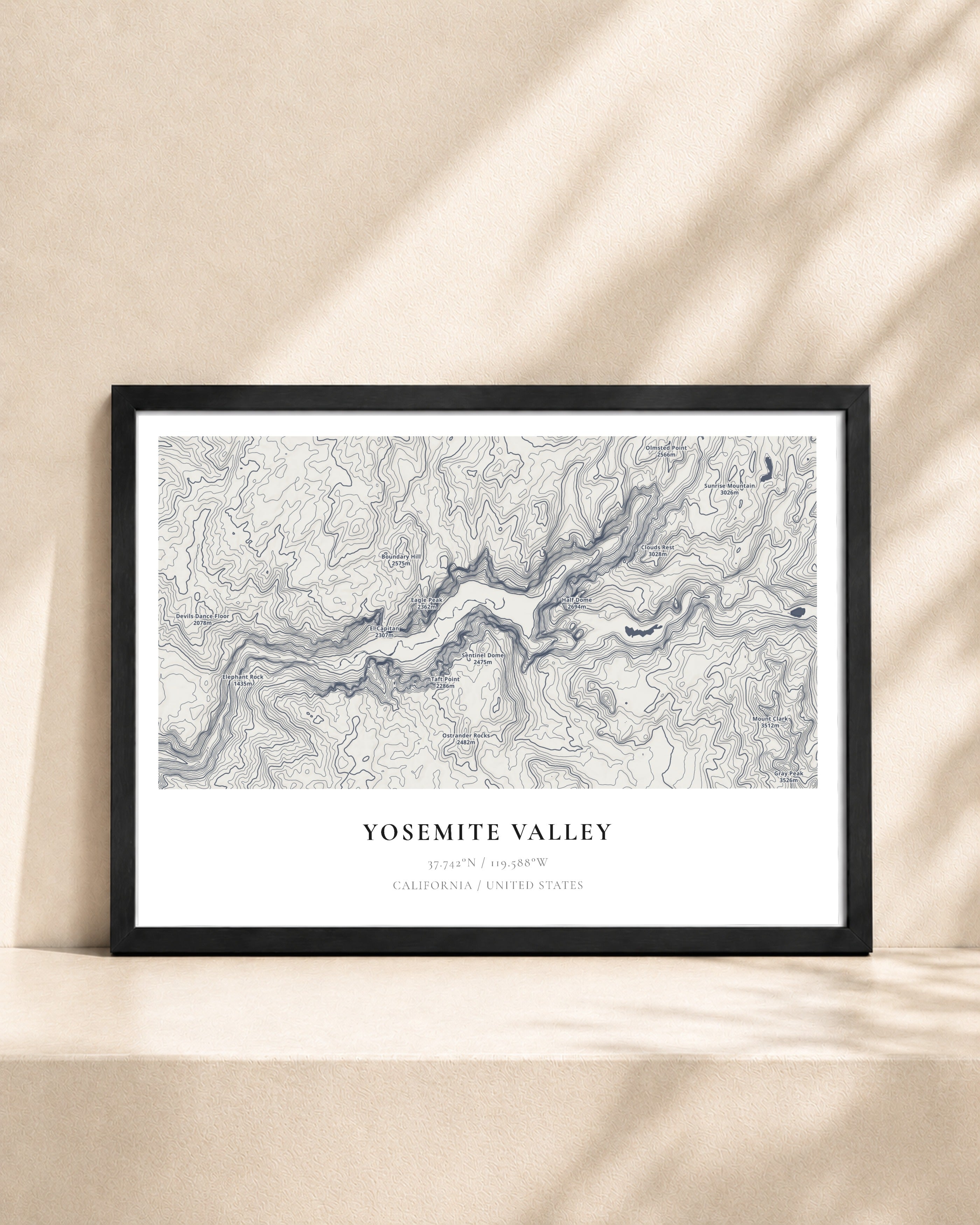Yosemite 2D Contour Print – framed contour map print, black frame