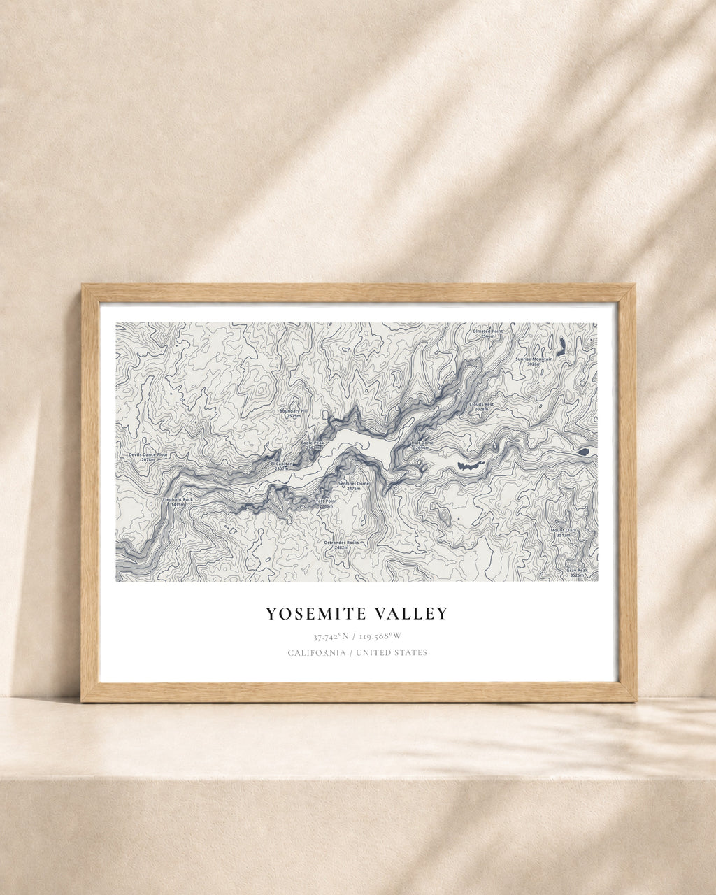 Yosemite 2D Contour Print – framed contour map print, natural wood frame