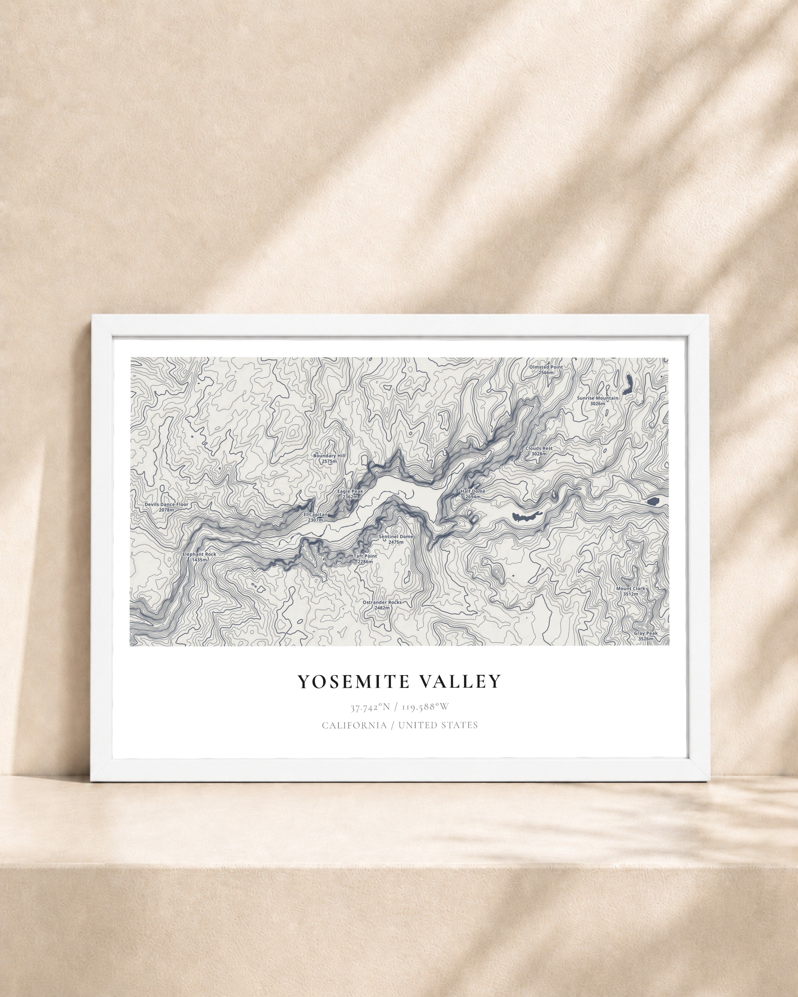 Yosemite 2D Contour Print – framed contour map print, white frame