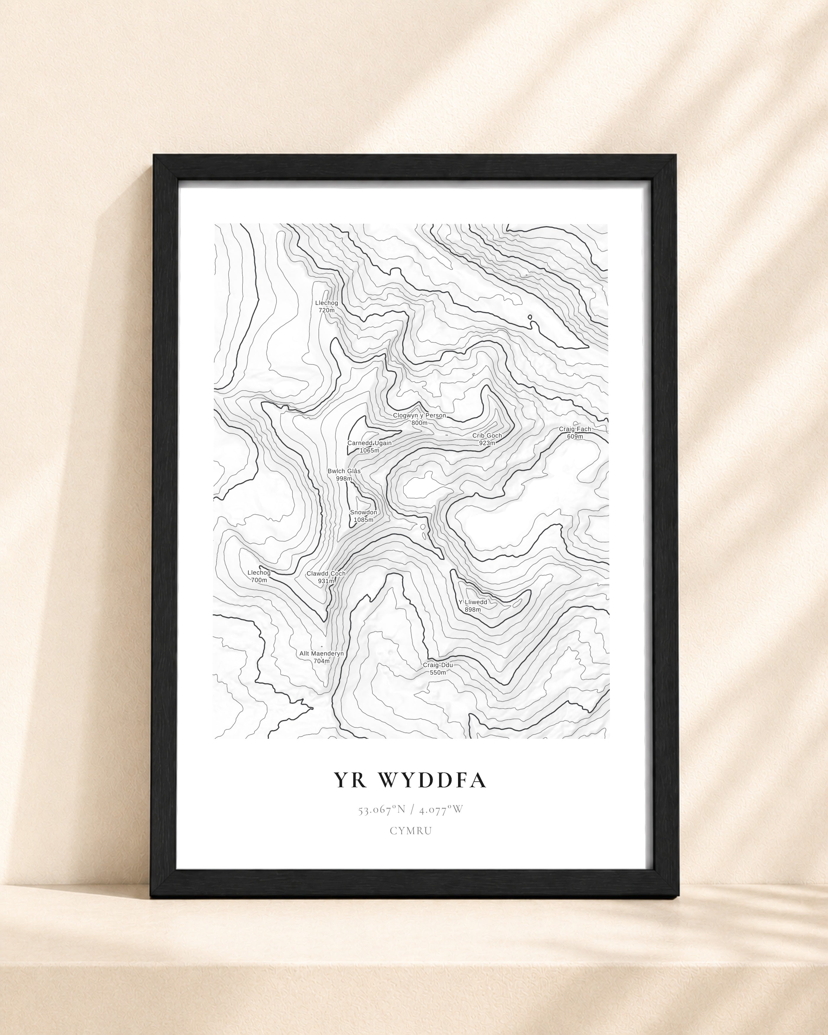 Snowdon / Yr Wyddfa 2D Contour Print – framed contour map print, black frame