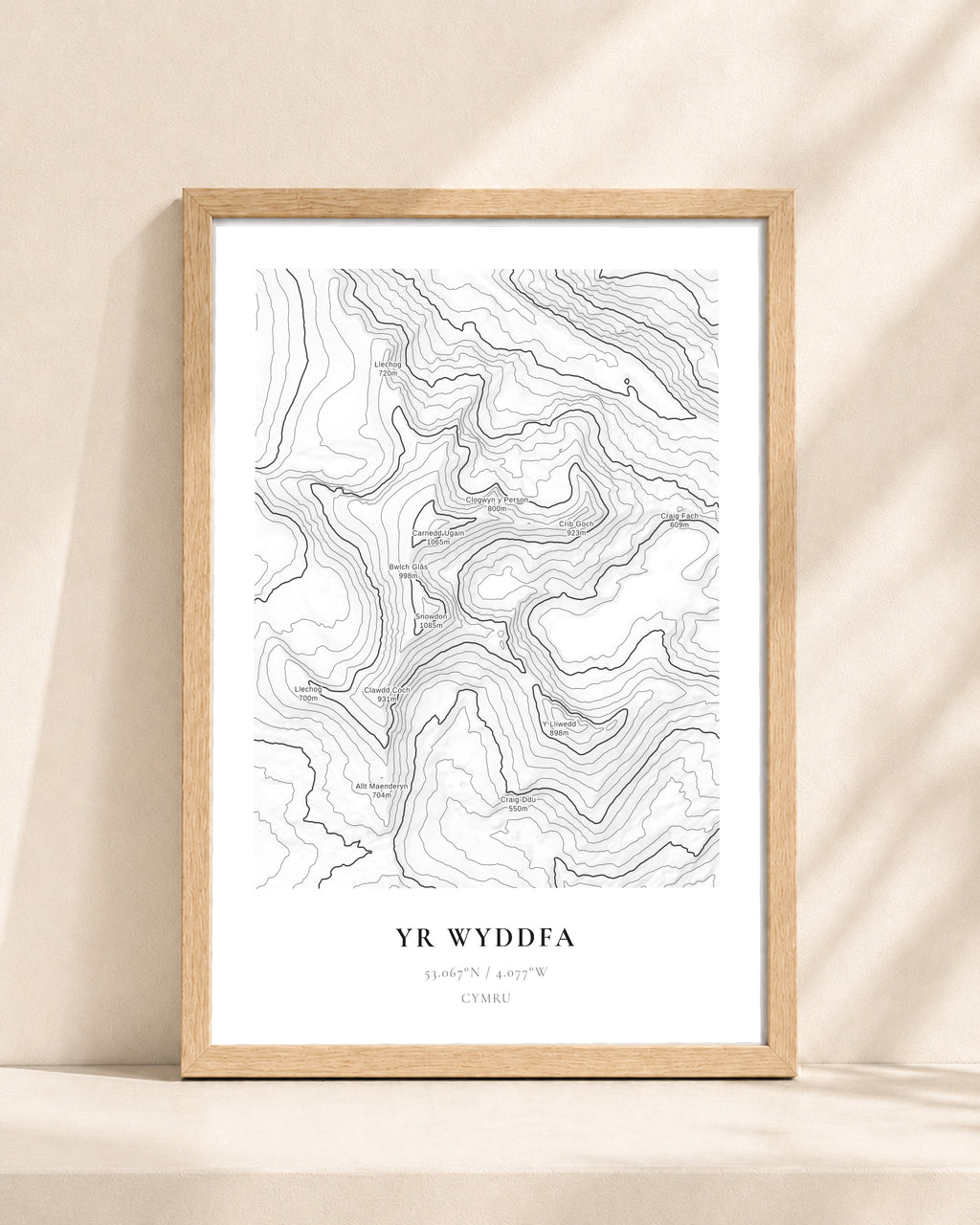 Snowdon / Yr Wyddfa 2D Contour Print – framed contour map print, natural wood frame