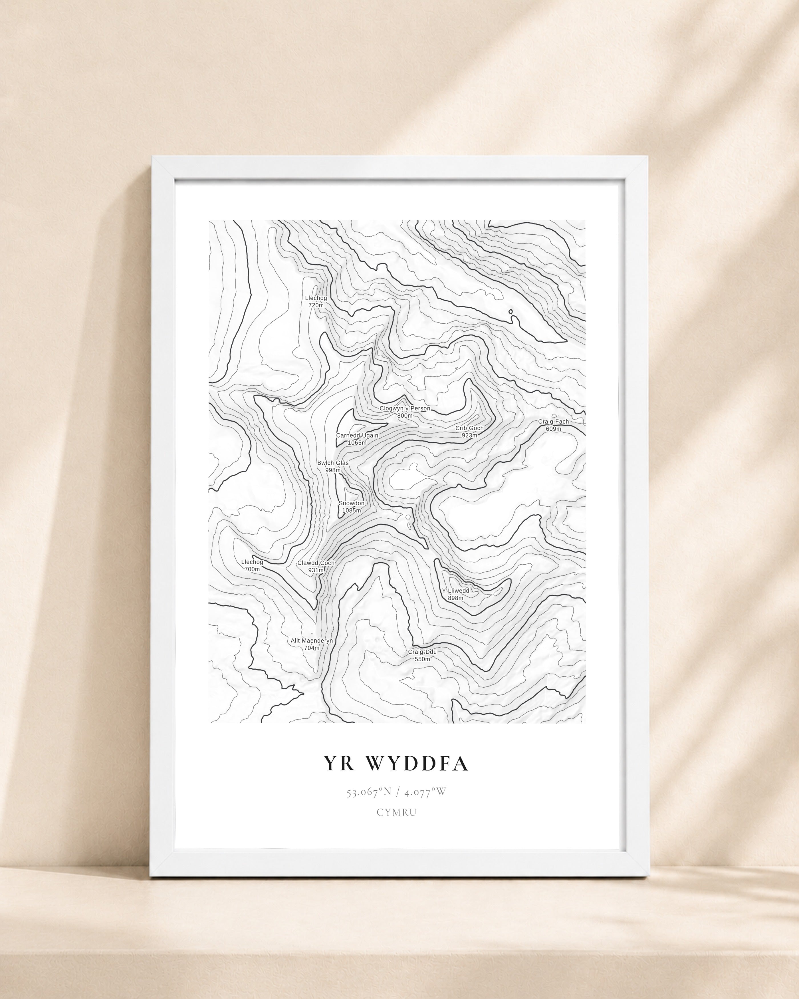 Snowdon / Yr Wyddfa 2D Contour Print – framed contour map print, white frame